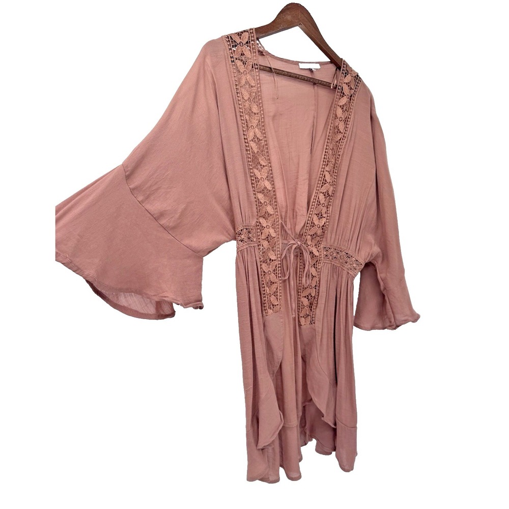 LOVE TREE pink Kimono cover up Lace Crochet Bell Sleeve fairy festival beachy L